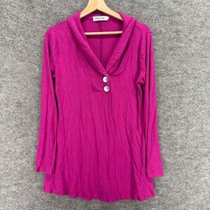 Ouncuty Tunic Top Women L Large Pink V-Neck Long Sleeve Rayon Button Casual